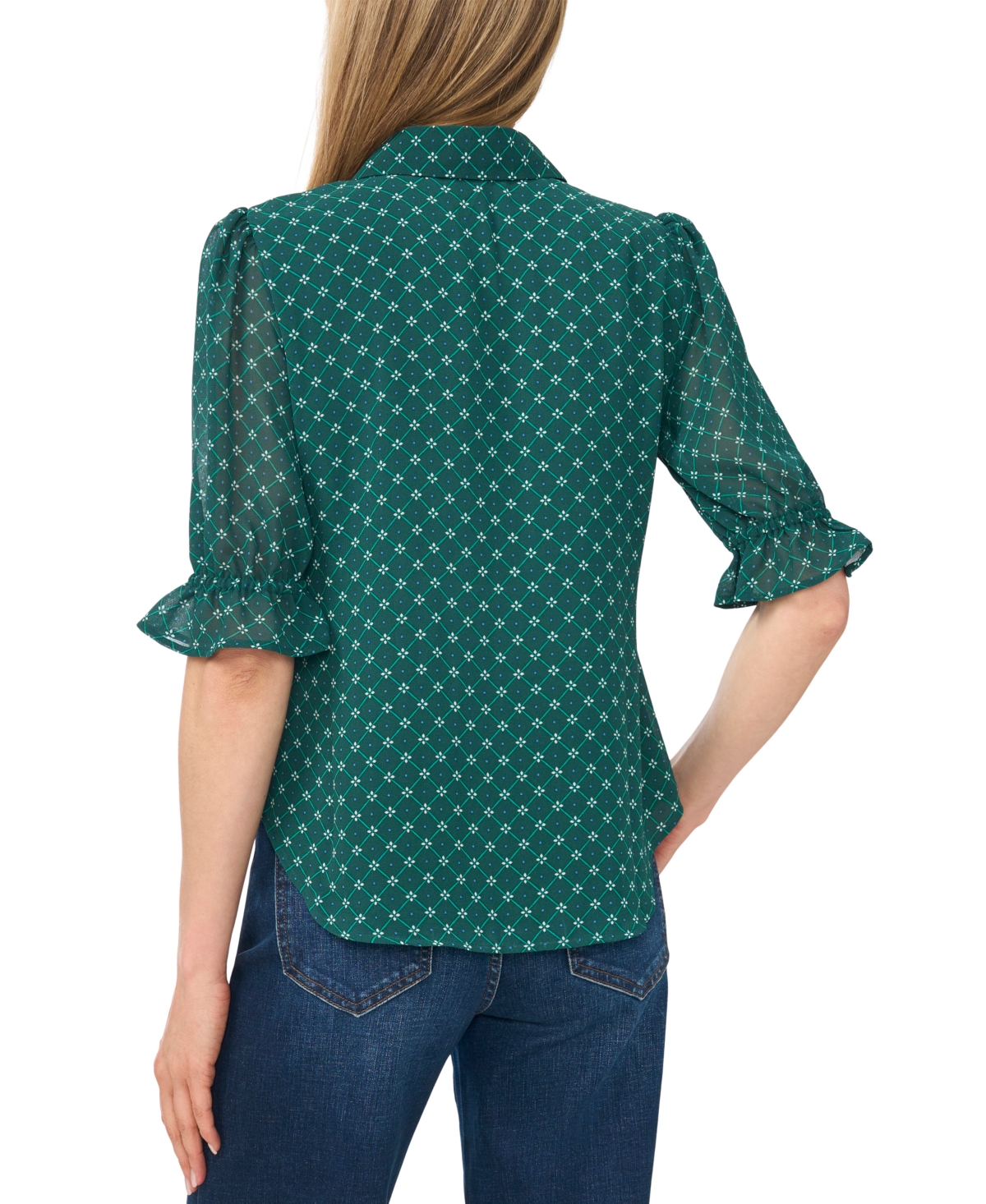CeCe Women's Short-Sleeve Smocked Cuff Geometric-Print Button-Down Shirt