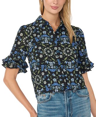 Women's Double-Ruffle Floral-Print Short-Sleeve Button-Down Shirt