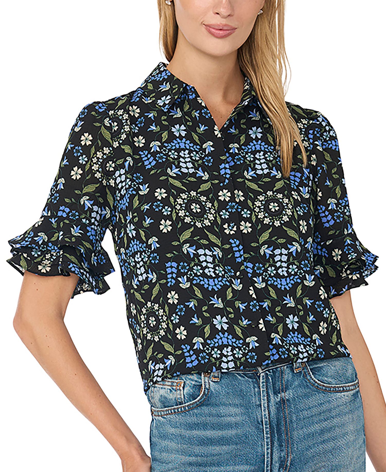 Women's Double-Ruffle Floral-Print Short-Sleeve Button-Down Shirt