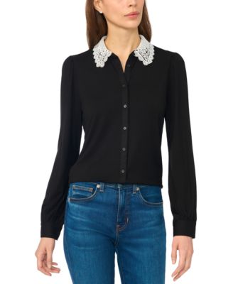 Women's Long-Sleeve Scallop-Trim Collar Lace Blouse