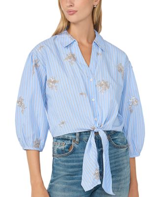 Women's Sequin Motif Balloon 3/4-Sleeve Tie-Hem Button-Down