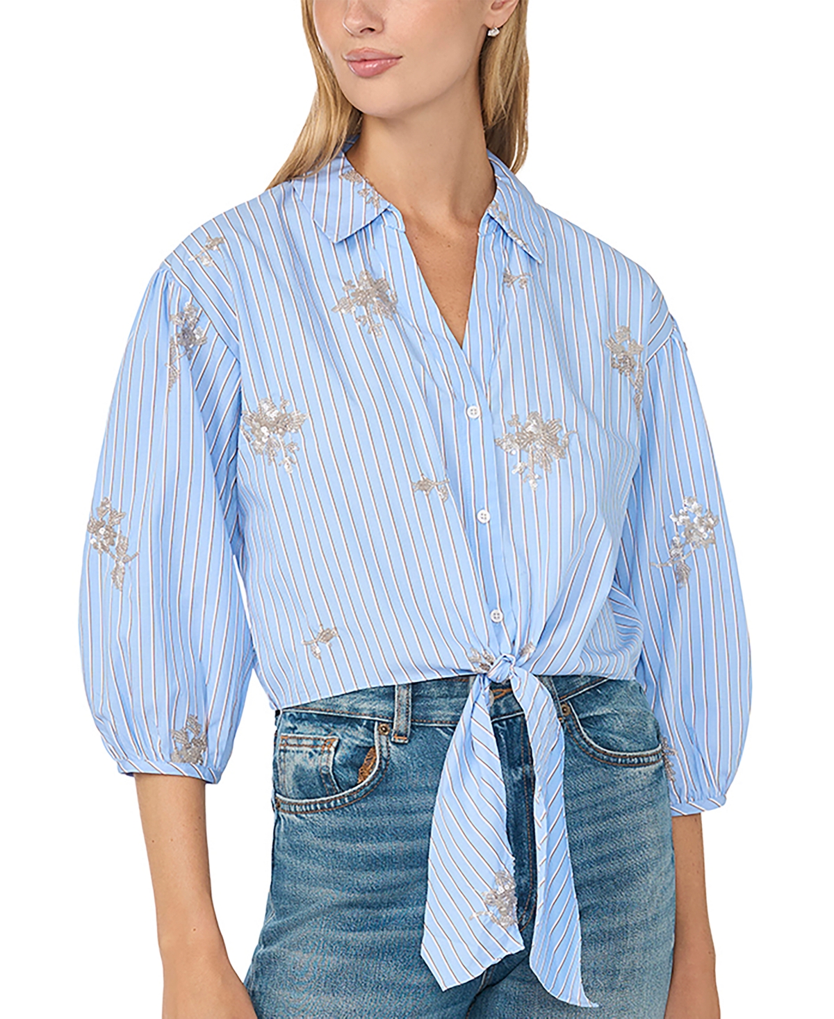 CeCe Women's Sequin Motif Balloon 3/4-Sleeve Tie-Hem Button-Down