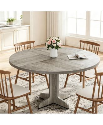 47 Inch Round Farmhouse Dining Table for 4, Farmhouse Circle Kitchen Table with Stable Pedestal Base, Solid Wood Frame