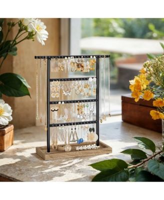Jewelry Organizer Stand, 4-Tier Steel Earring Holder, Necklace Display Tree with Paulownia Wood Base, 11.6 x 4.7 x 14.0 inches