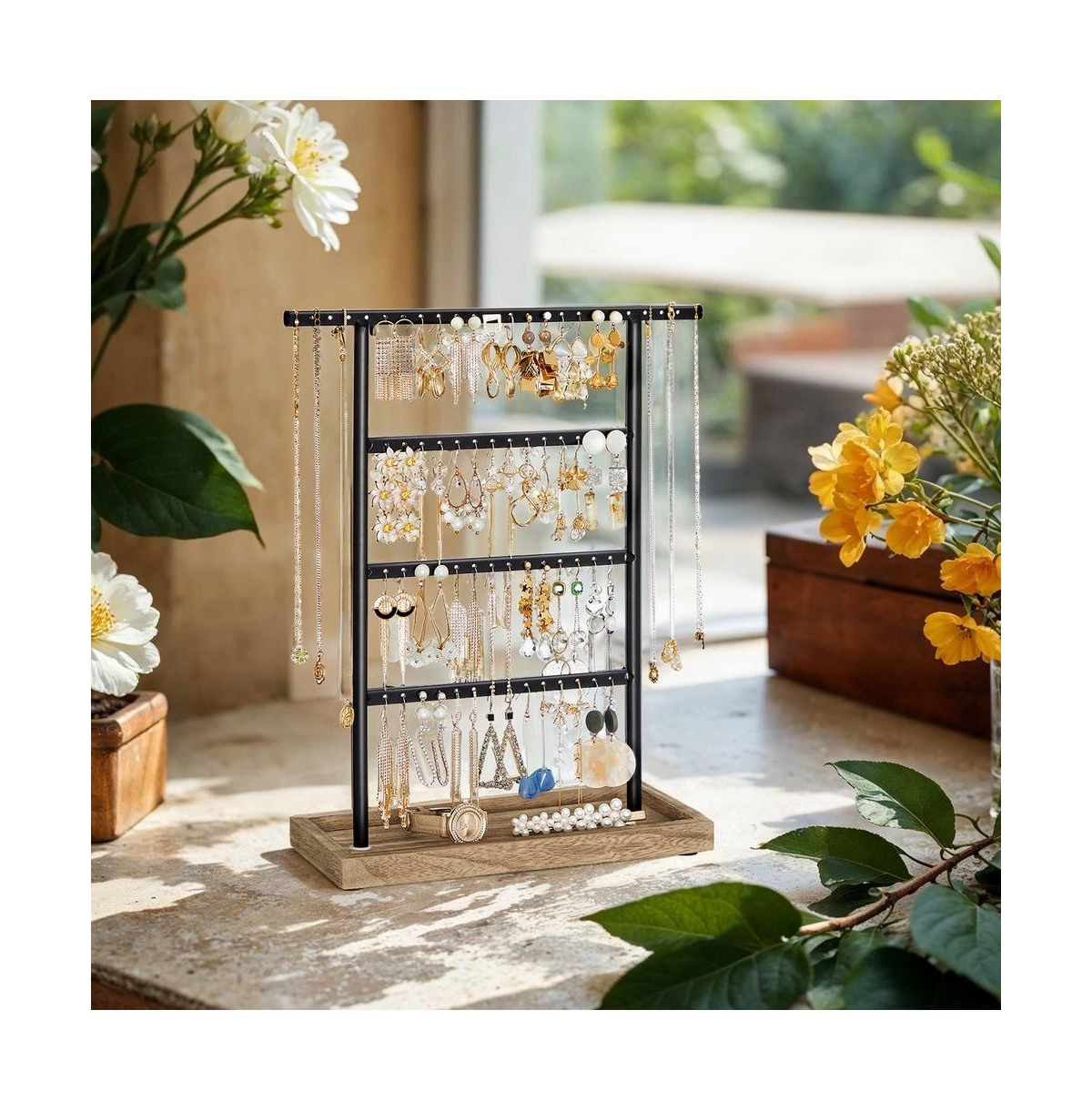 SongmicsHome Jewelry Organizer Stand, 4-Tier Steel Earring Holder, Necklace Display Tree with Paulownia Wood Base, 11.6 x 4.7 x 14.0 inches