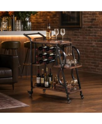 3-Tier Bar Cart 35" Trapezoid Metal Frame with Wood Shelves Serving Cart Coffee Station Wine Rack Organizer for Dining Room Kitchen Living Room
