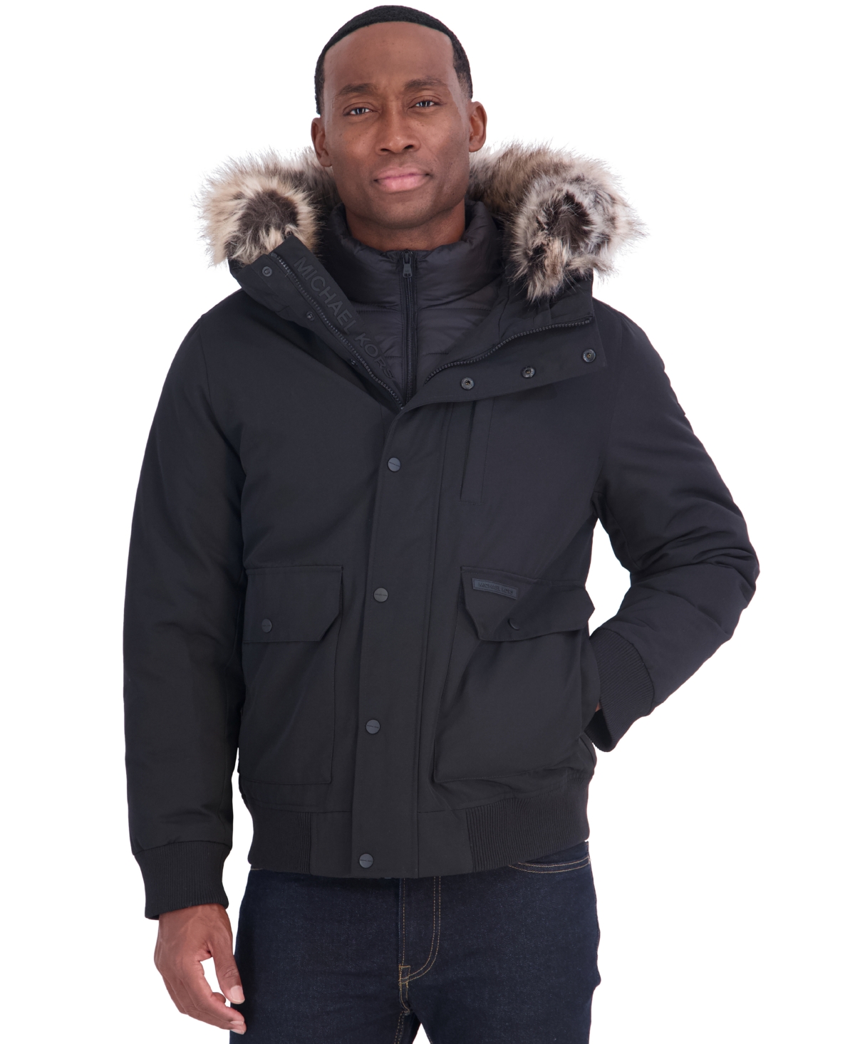 Michael Kors Men's Faux-Fur-Trim Quilted-Bib Hooded Bomber Jacket