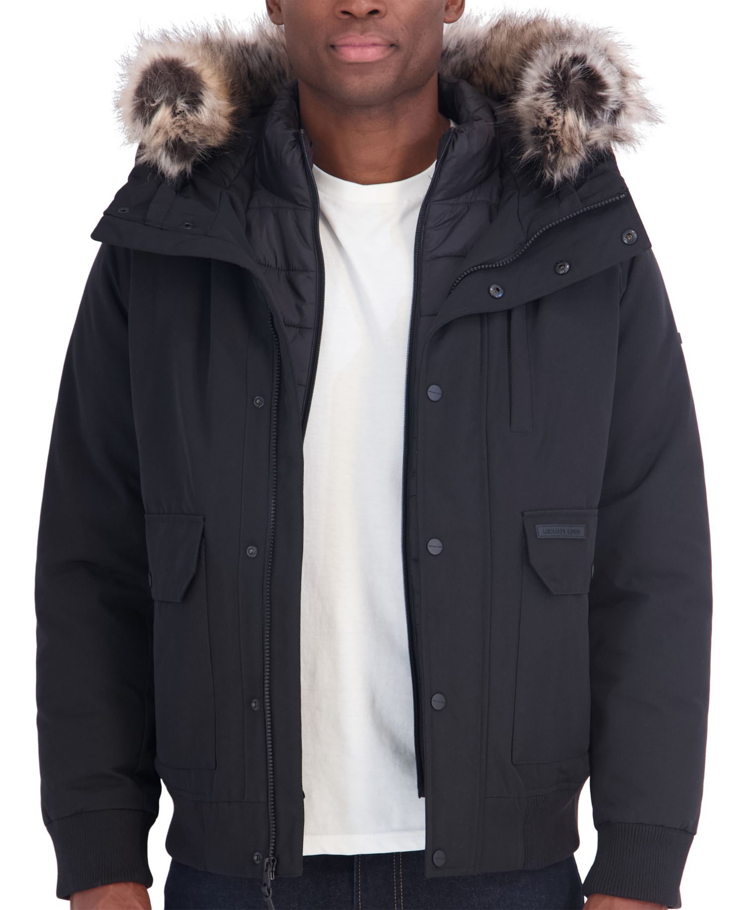Men's Faux-Fur-Trim Quilted-Bib Hooded Bomber Jacket