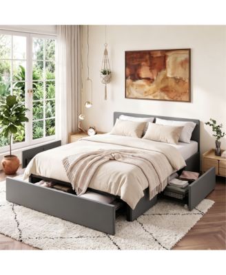 Upholstered Metal Platform Bed Frame with Under-Basket Storage, Wooden Slat Support