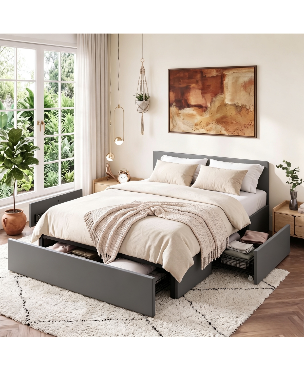 Gaomon Upholstered Metal Platform Bed Frame with Under-Basket Storage