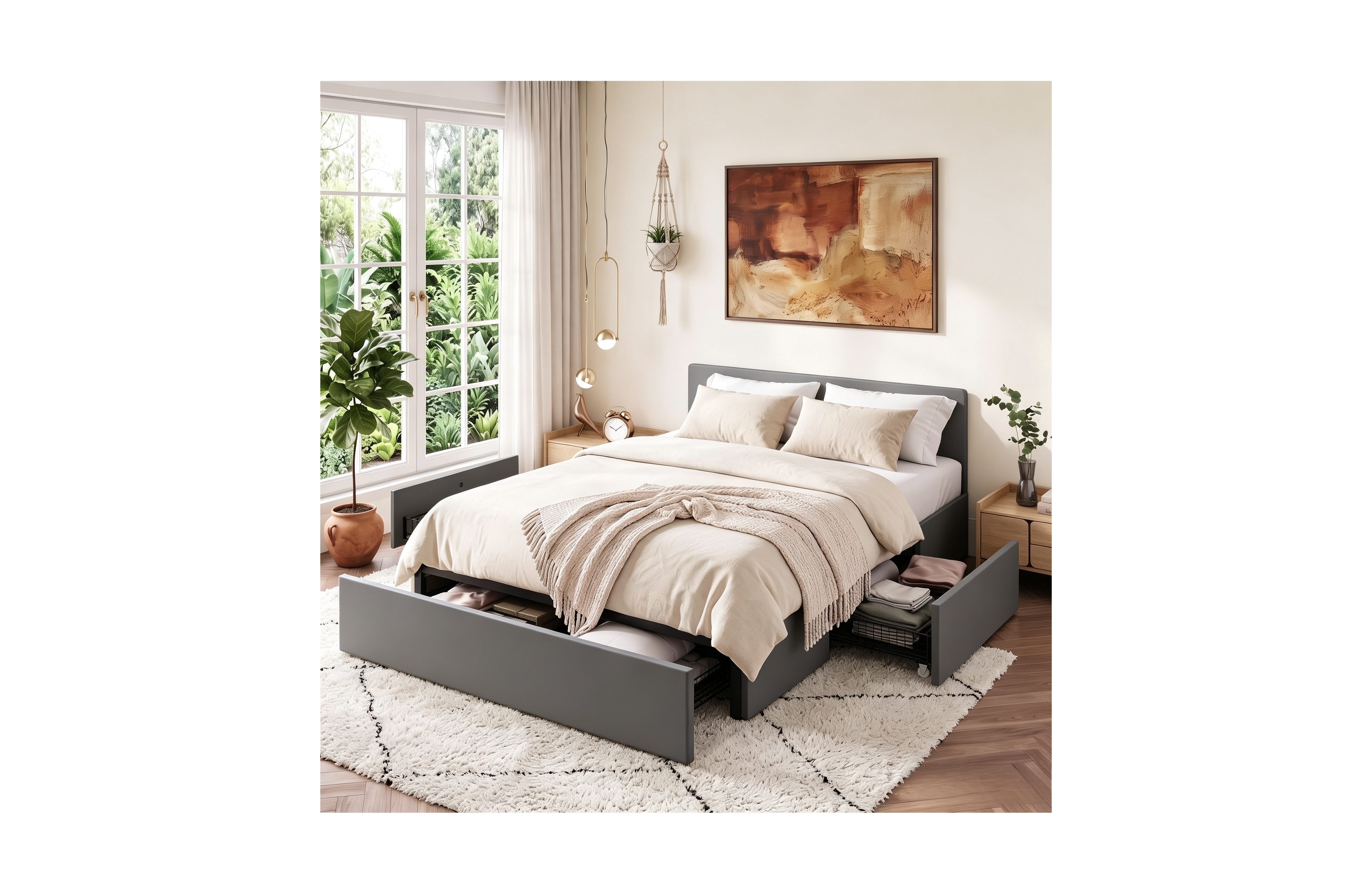 Gaomon Upholstered Metal Platform Bed Frame with Under-Basket Storage