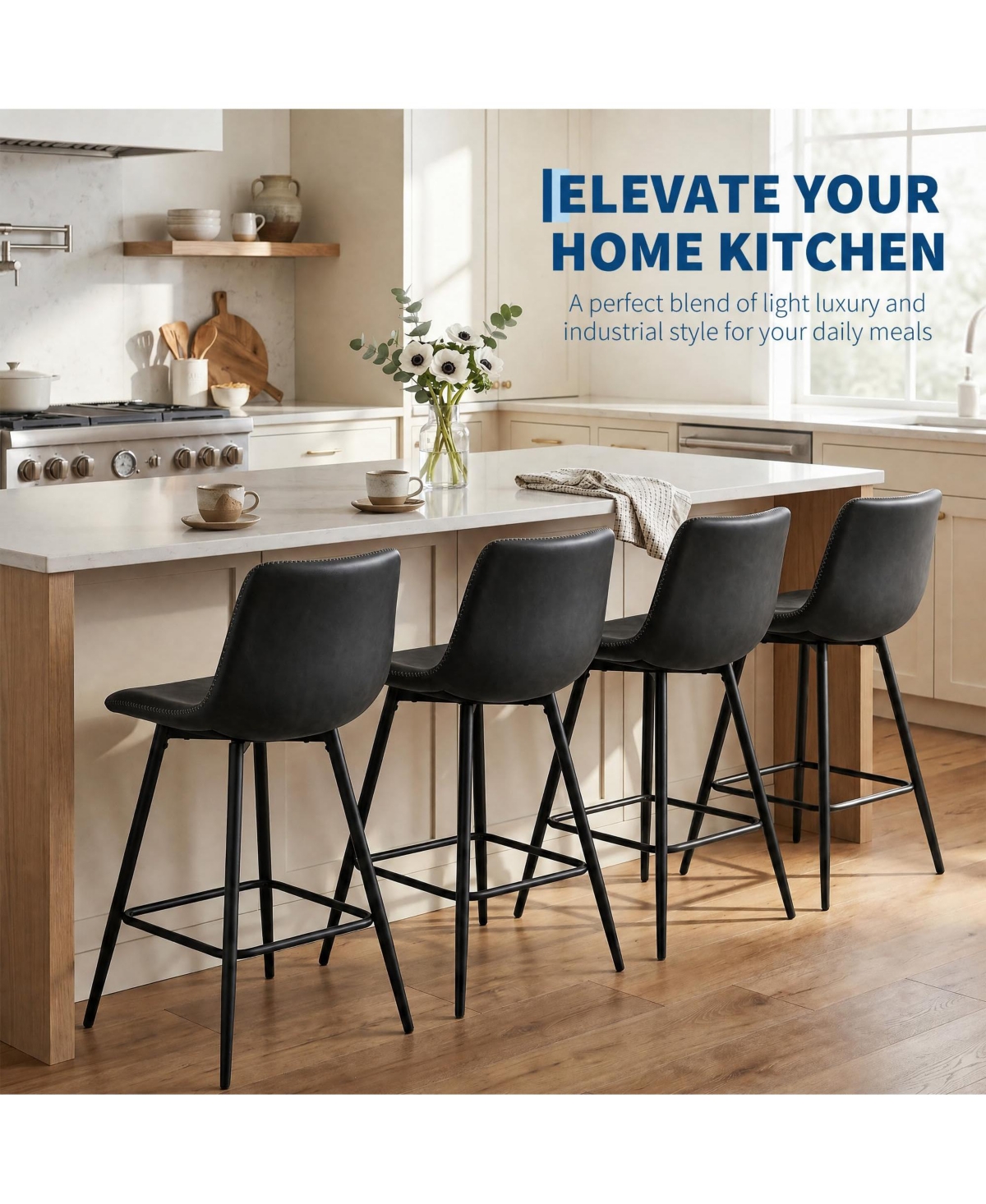 4 Set of Counter Height Bar Stools With Backrests, 24 Inch Faux Leather Upholstered Bar Chairs With Metal Legs, Modern Stools For Kitchen, Island