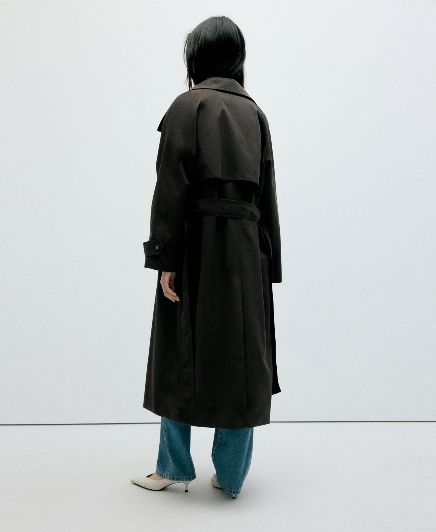 Women's Long Belted Funnel-Neck Trench Coat