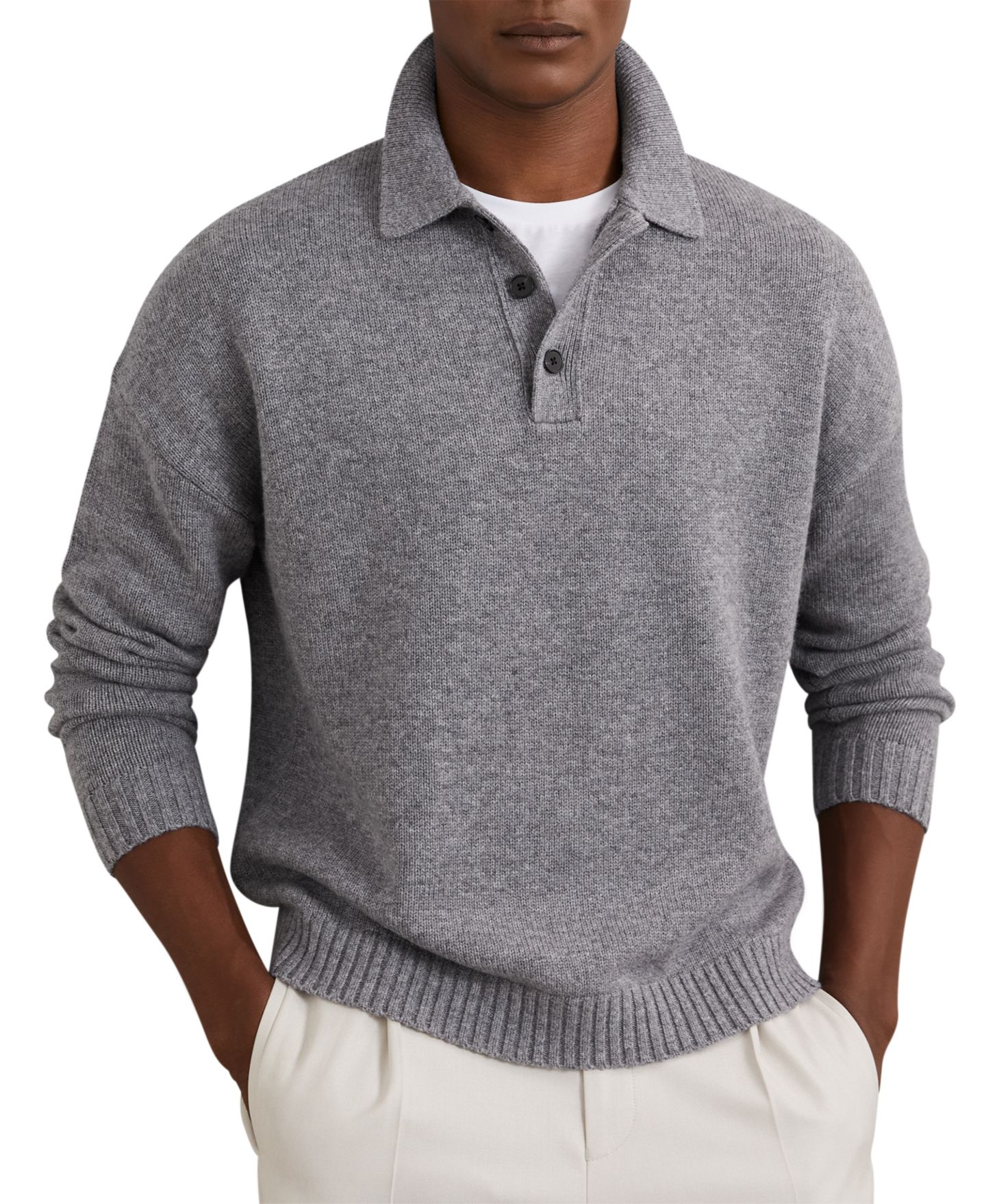 Мужской свитер REISS Jacob Wool-Blend Half-Button Relaxed-Fit Drop-Shoulder Polo Sweater, цвет: Серый меланжевый — фото 1