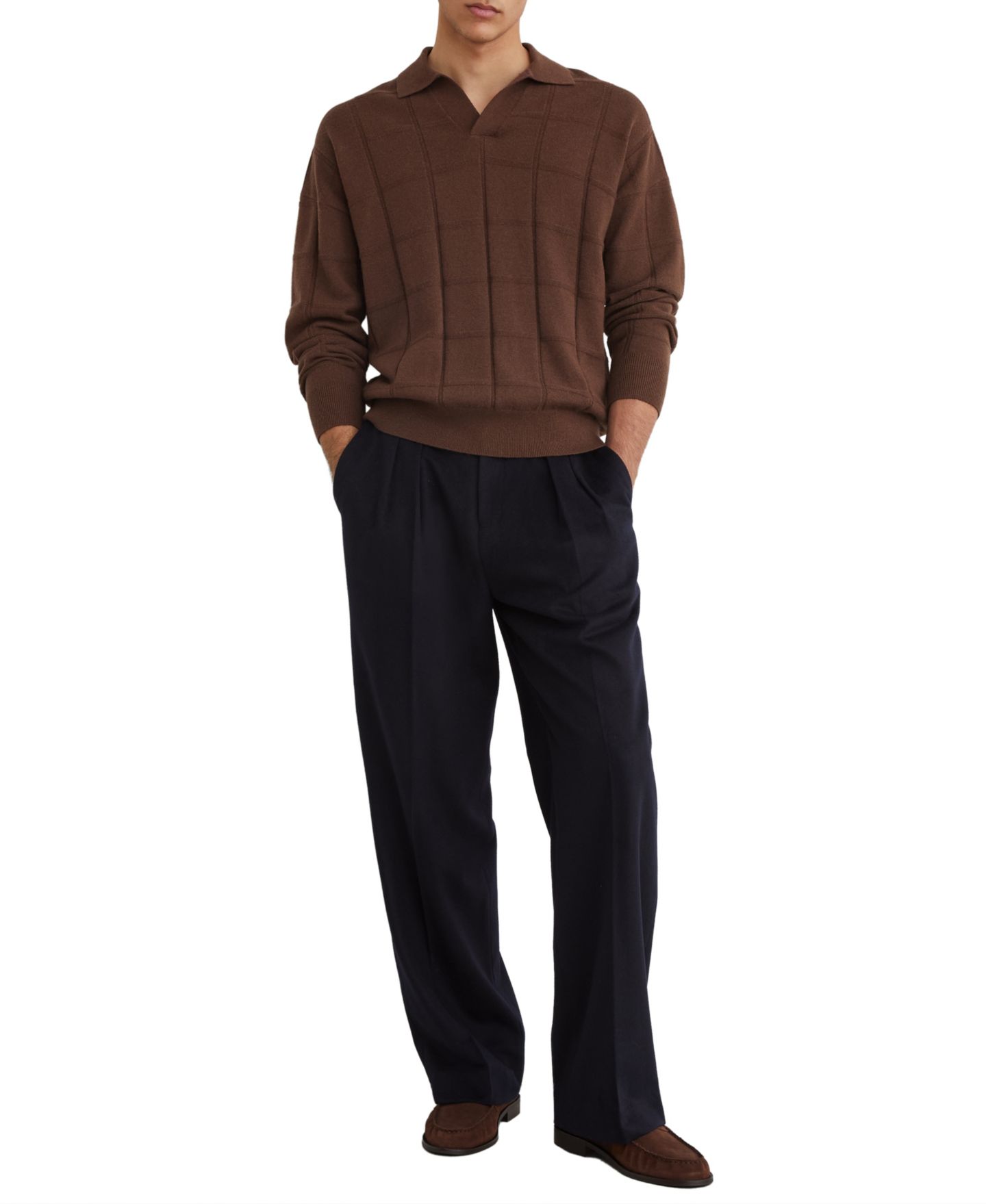 Мужской свитер REISS Compton Square-Knit Dropped-Shoulder Wool Polo Jumper, цвет: Табачный коричневый — фото 4