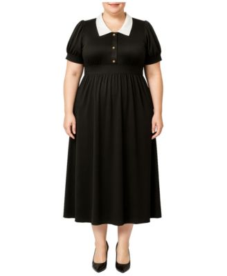 Plus Size Puff-Sleeve Contrast-Collar Midi Dress