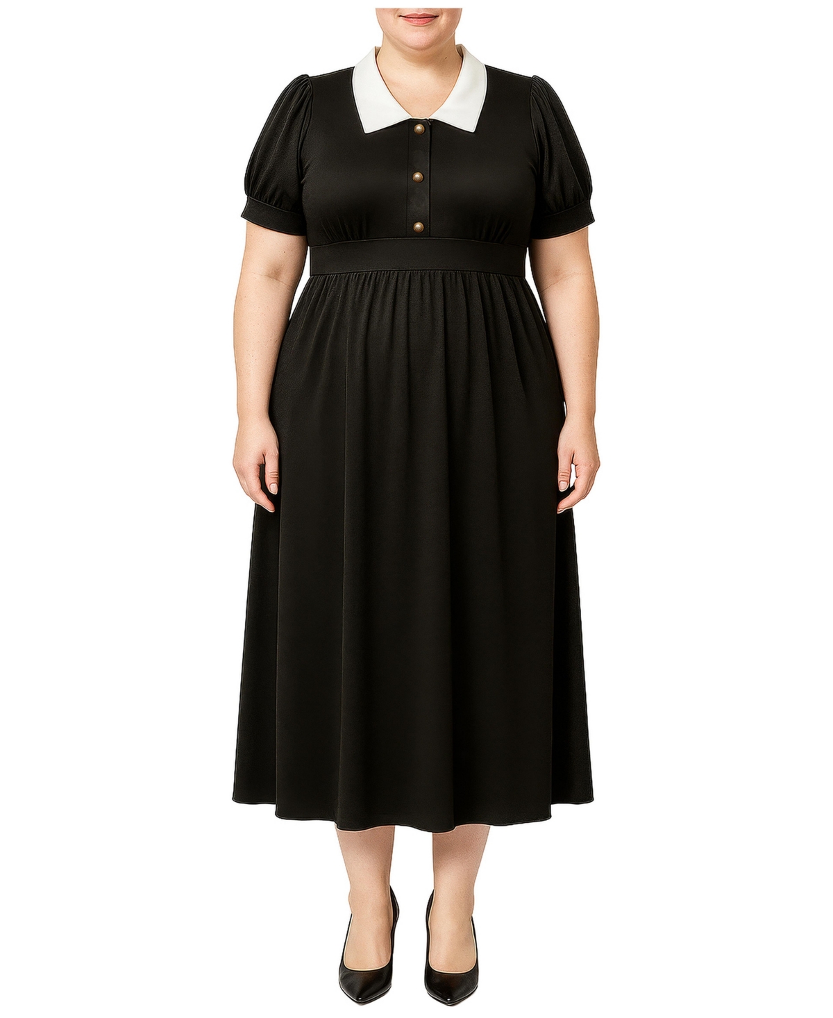 Standards & Practices Plus Puff-Sleeve Contrast-Collar Midi Dress