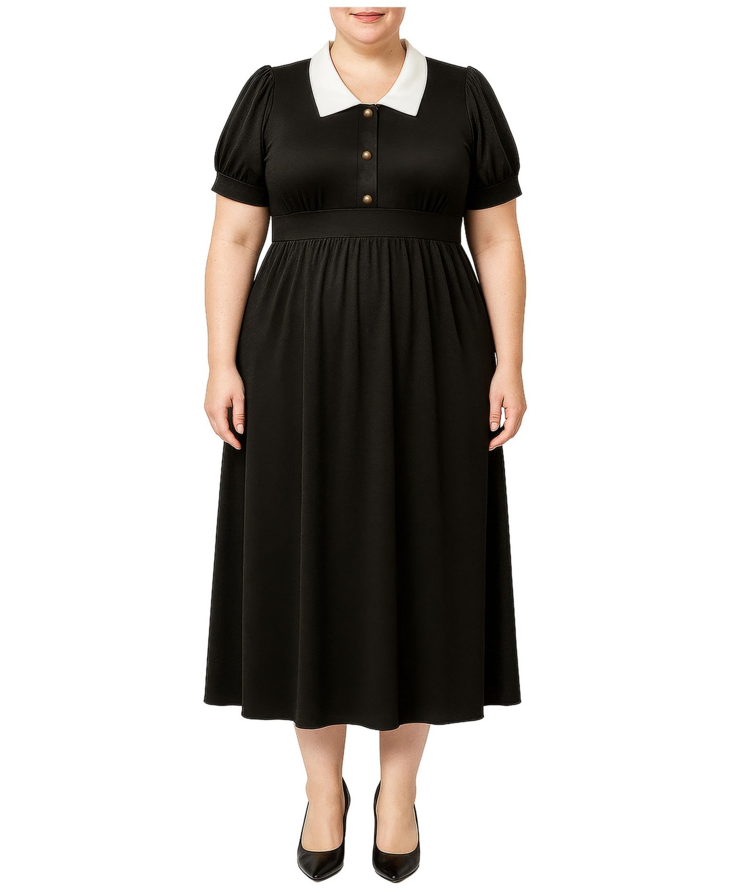 Plus Size Puff-Sleeve Contrast-Collar Midi Dress