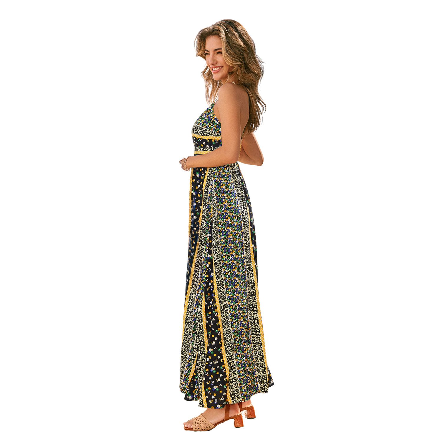 Женское платье Cupshe Floral Print Halter Neck Side Slit Maxi, цвет: Чёрный — фото 2