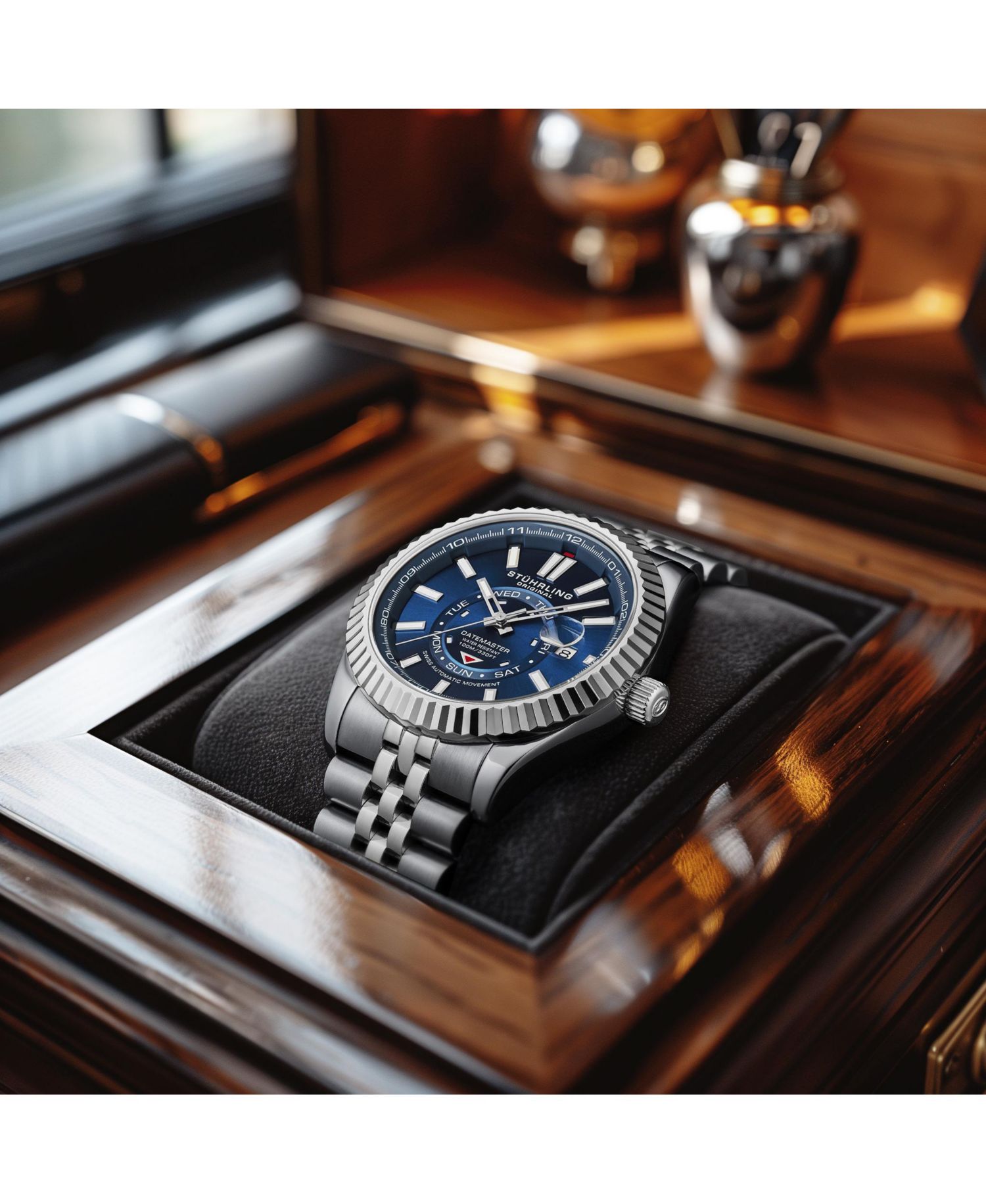 Datemaster II Men s Swiss Automatic 42mm Stainless Steel Watch, Blue Dial, Fluted Bezel, Day & Date, 100M Water Resistant