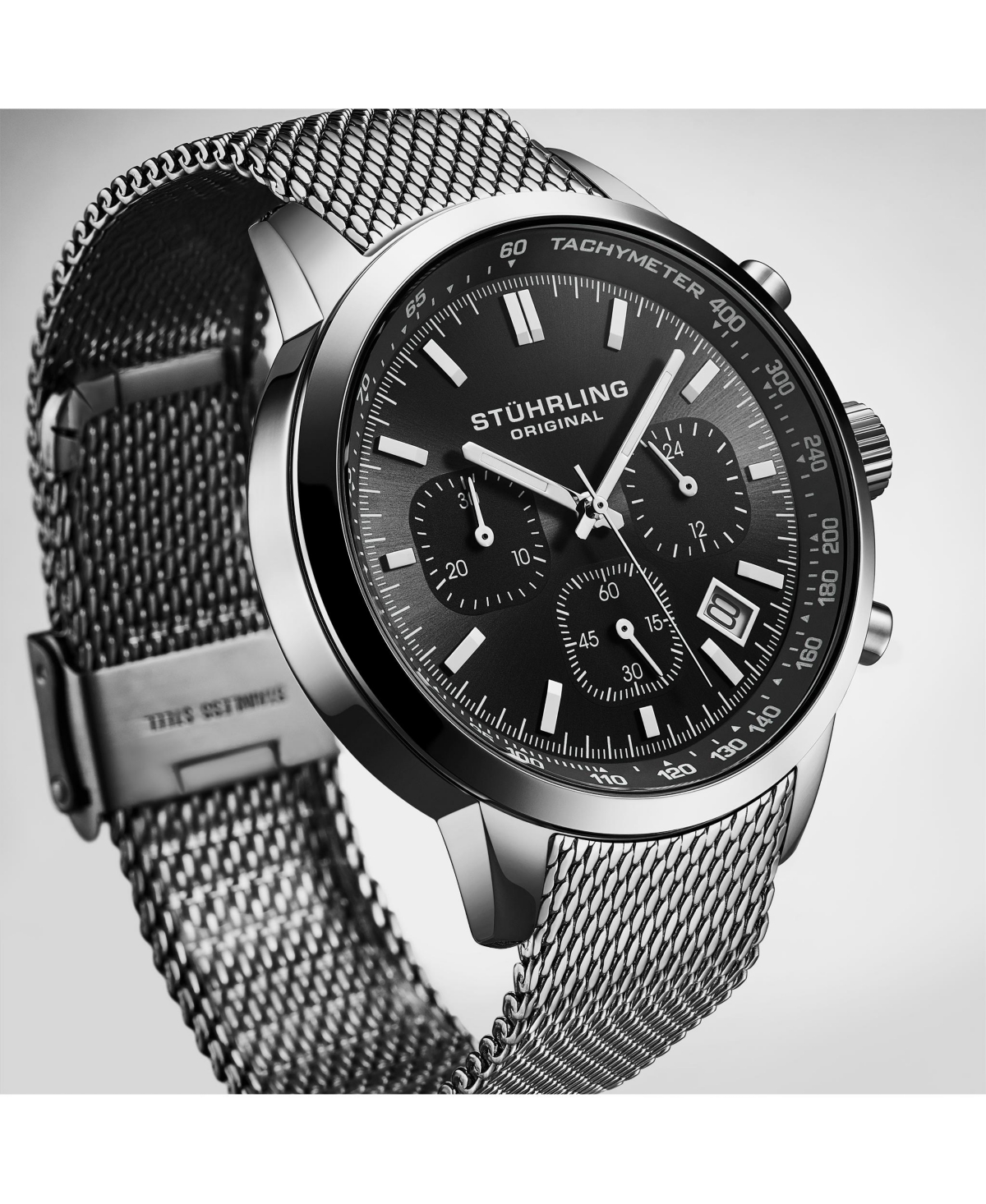 Stuhrling Chronoport 4082 Men s Quartz Chronograph Watch, 44mm Stainless Steel Mesh Bracelet