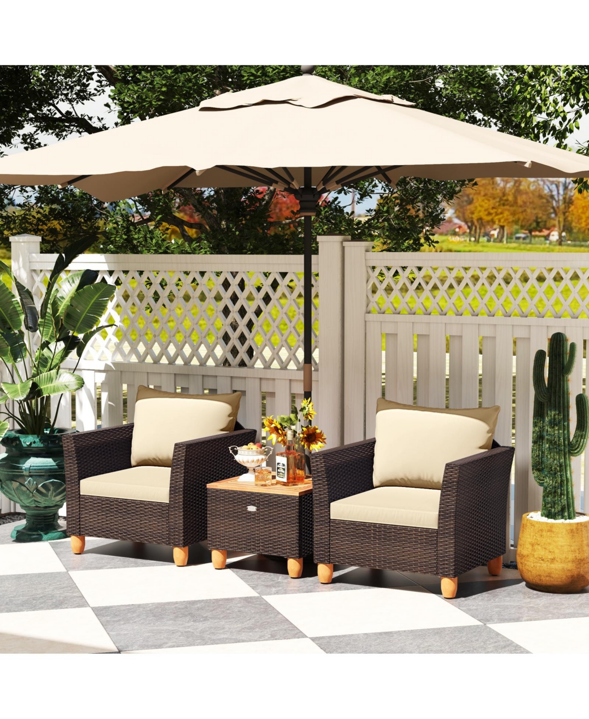 Gymax 3 Piece Patio Pe Wicker Furniture Set Outdoor Conversation Bistro Set with Cushions