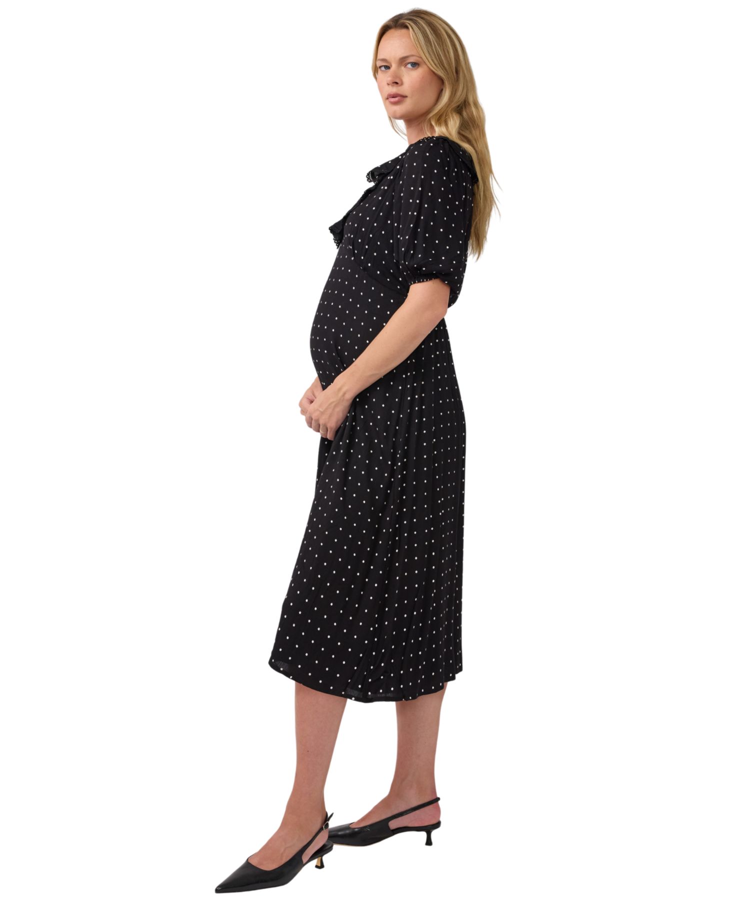 Maternity Polka-Dot Ruffle V-Neck Puff-Sleeve Midi Dress