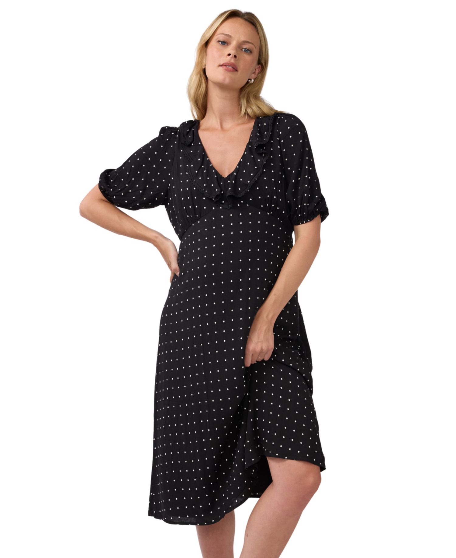 Maternity Polka-Dot Ruffle V-Neck Puff-Sleeve Midi Dress