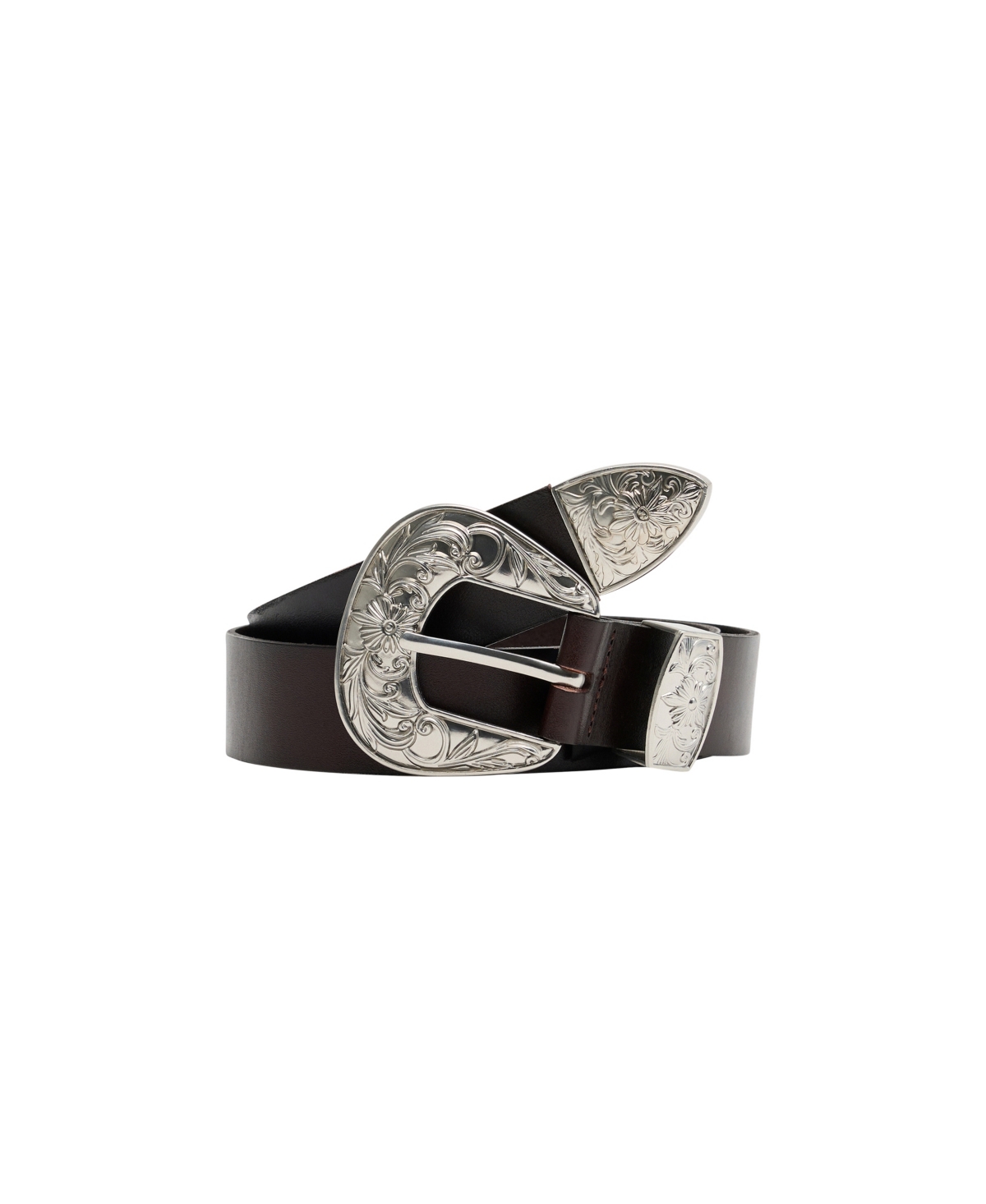 Mango Engraved Buckle Leather Belt In Chocolate