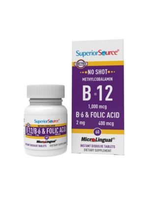 No Shot Vitamin B 12 Methylcobalamin 1000 mcg, B 6 and Folic Acid 400 mcg  60 Sublingual Dissolving Tablets