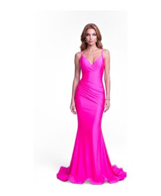 Women's Plunge-Neck Ruched Mermaid Gown
