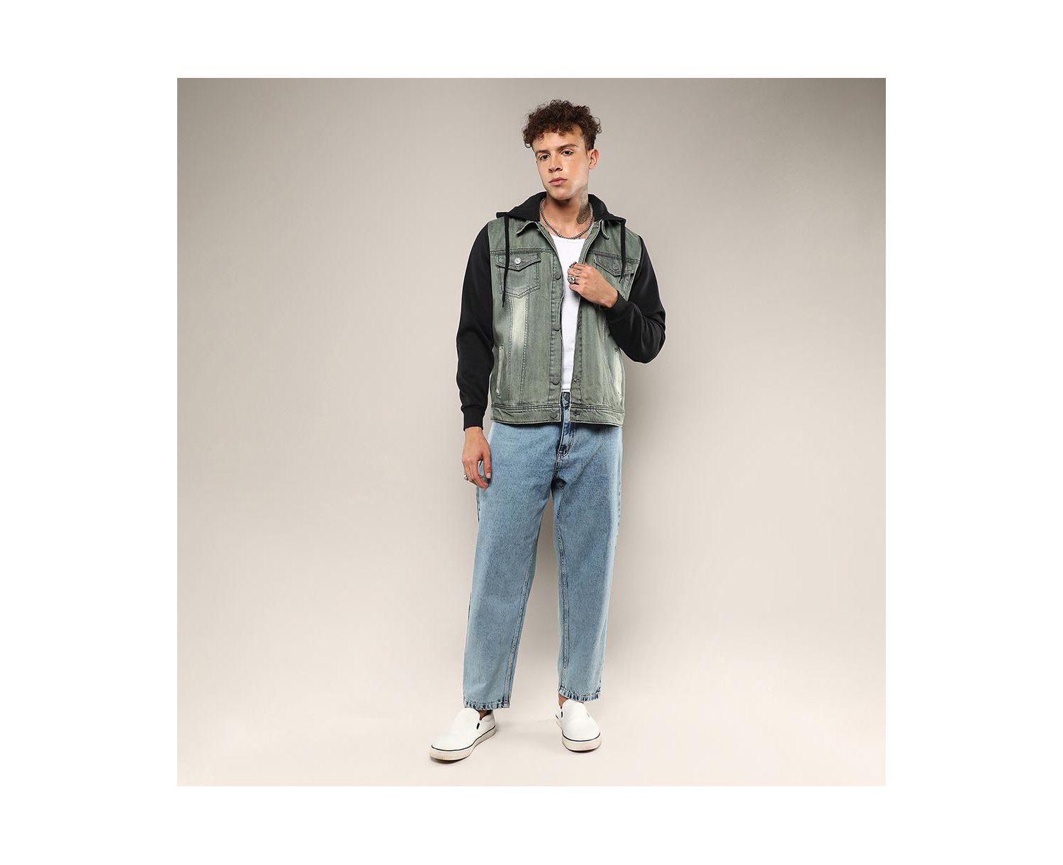 Men's Light-Wash Hooded Denim Jacket With Sweatshirt-Style Sleeves