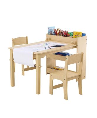 Kids Art Table and 2 Chairs Set 2-in-1 Design with Storage Cabinet 3-Piece Activity Table, Ages 2-8