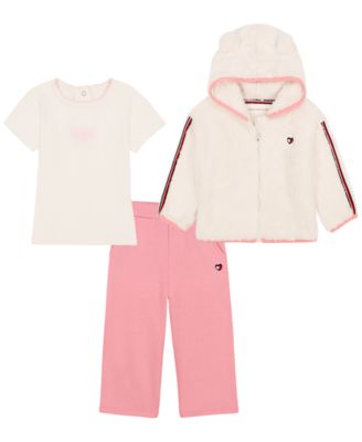 Baby Girls' Sherpa Full-Zip Hoodie, T-Shirt and Wide-Leg Pants, 3-Piece Set