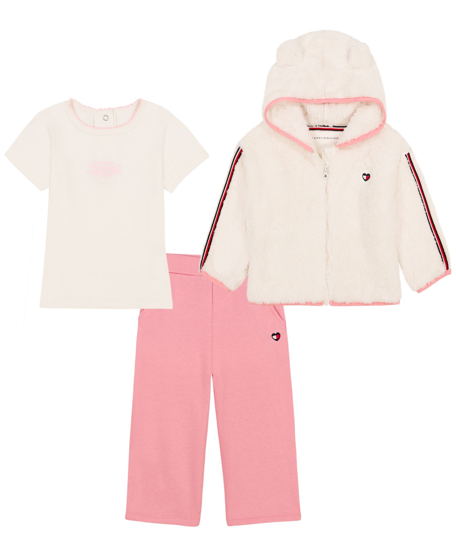 Baby Girls' Sherpa Full-Zip Hoodie, T-Shirt and Wide-Leg Pants, 3-Piece Set