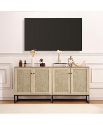Set of 2 Rattan Sideboard Cabinets, Boho Farmhouse Entryway Storage, Adjustable Shelves, Metal Base, 2 Doors, Console Table For Living Room