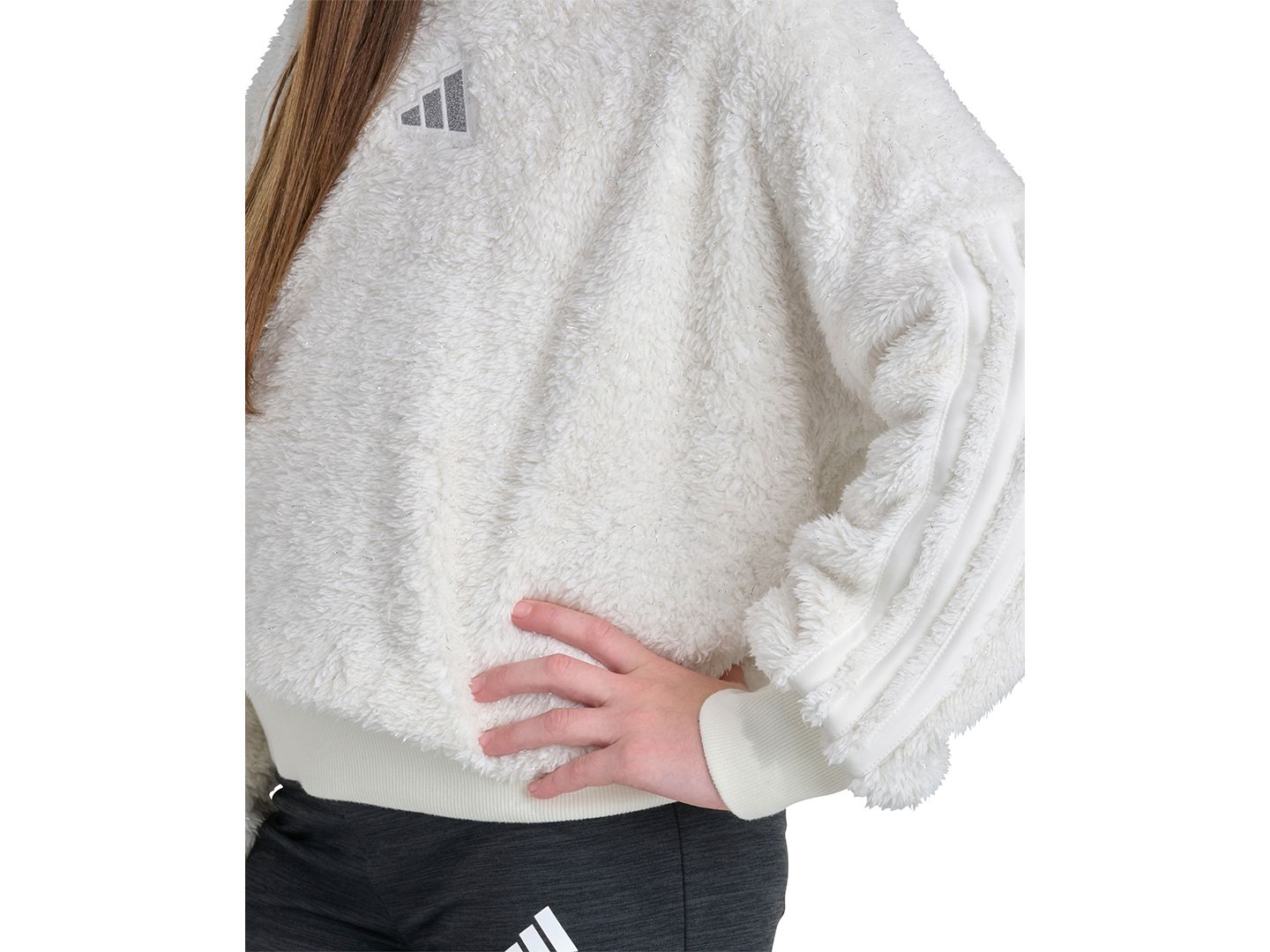 Детское худи adidas Sherpa Lurex со спущенными плечами, 8-16, цвет: Молочный белый — фото 3
