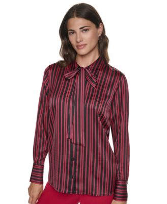 Petite Striped Collared Long-Sleeve Blouse