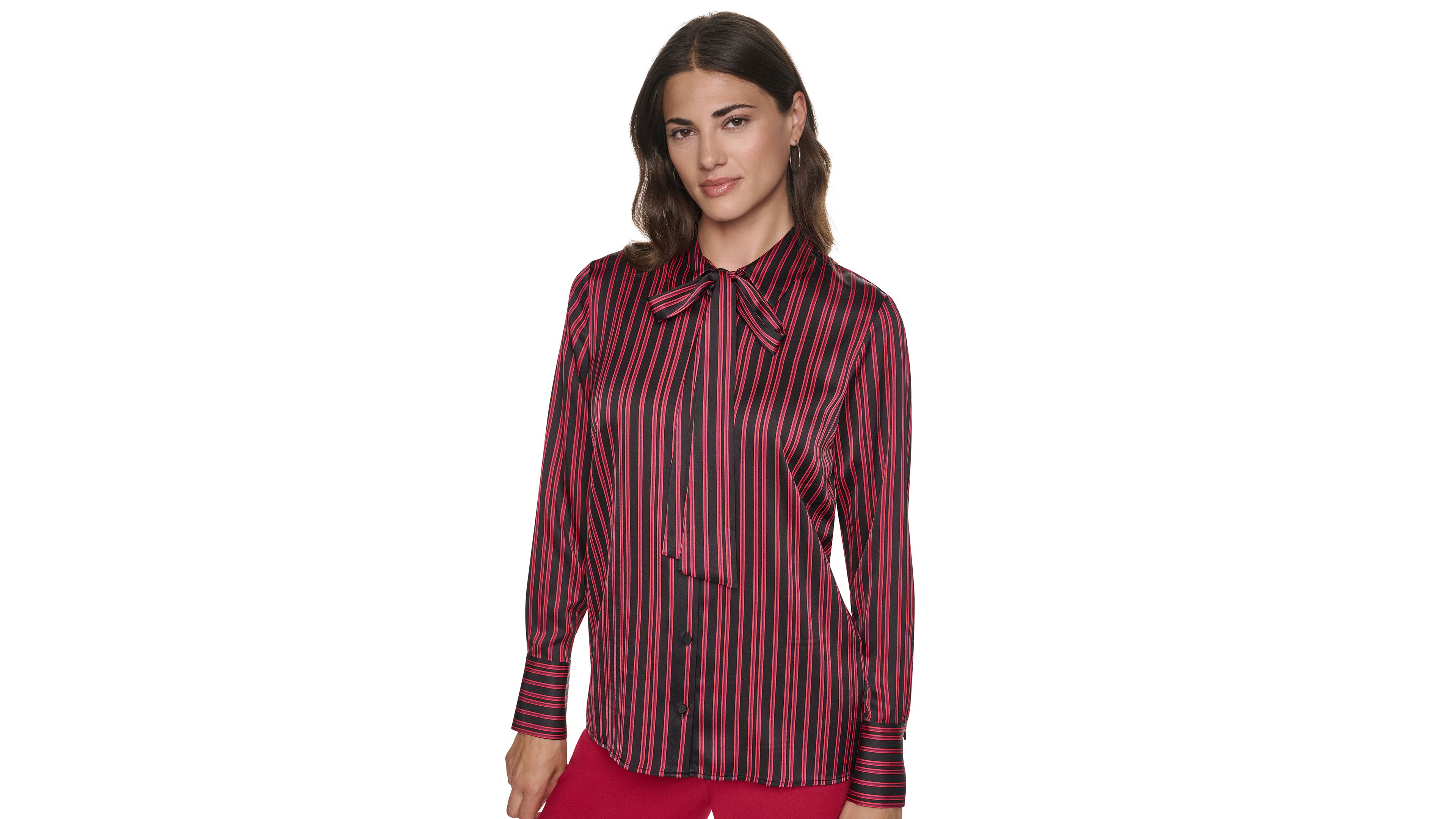 Dkny Womens Tie Neck Button Down Satin Long Sleeve Blouse