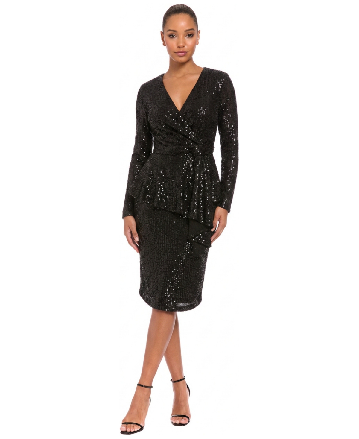 London Times Petite Sequin-Embellished Peplum V-Neck Sheath Dress