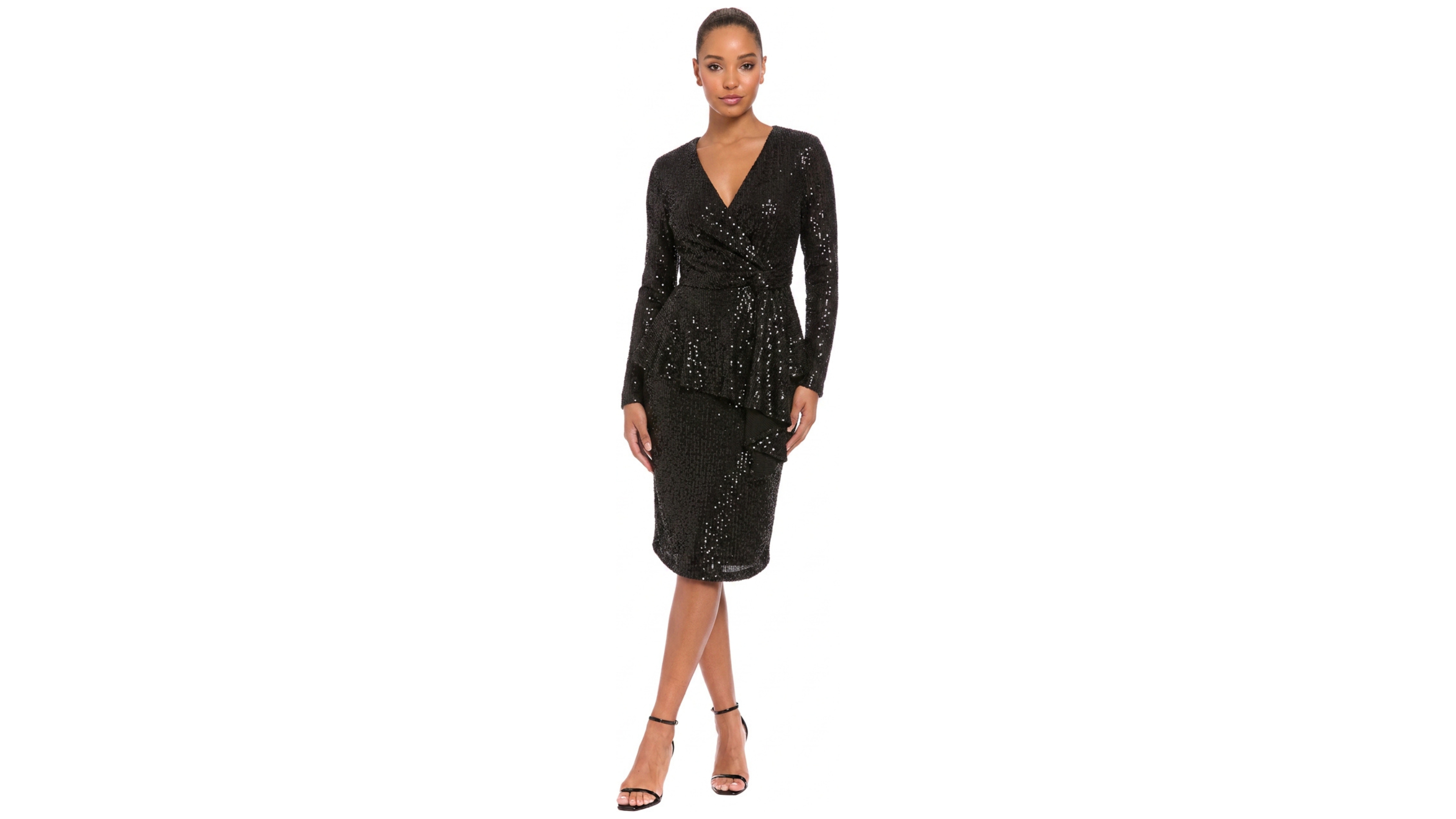 London Times Petite Sequin-Embellished Peplum V-Neck Sheath Dress