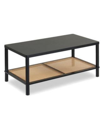 Boho Rectangular Coffee Table with a Woven Rattan Shelf