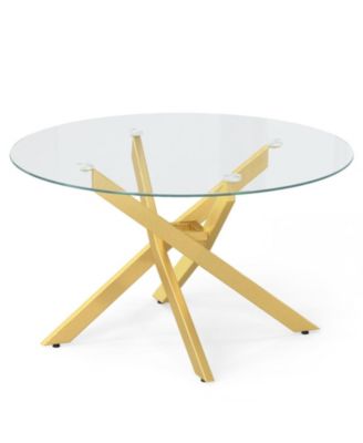 Round Glass Coffee Table with Sturdy Crossed Metal Legs
