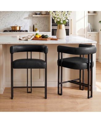 Kitchen Island Counter Stools Set of 2 with Arms, Faux Leather Upholstery, Metal Legs with Footrest, 25" Seat Height