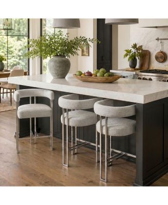 Kitchen Island Counter Stools Set of 3, Oatmeal Chenille Upholstery, Low Back with Arms, Polished Metal Tripod Base, 25" Seat Height