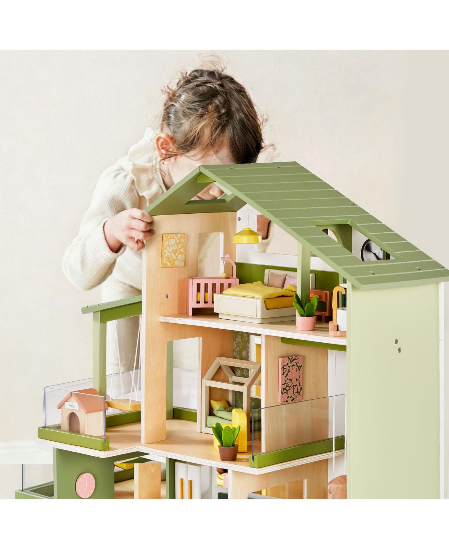Деревянный 3-этажный кукольный дом Tiny Land Sweetwood Edge, Монтессори, 49 предметов, цвет: Зелёный — фото 5