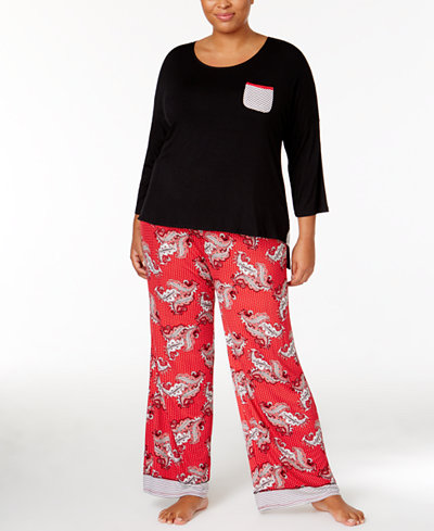 Ellen Tracy Plus Size Contrast-Trimmed Top & Pajama Pants Sleep Separates