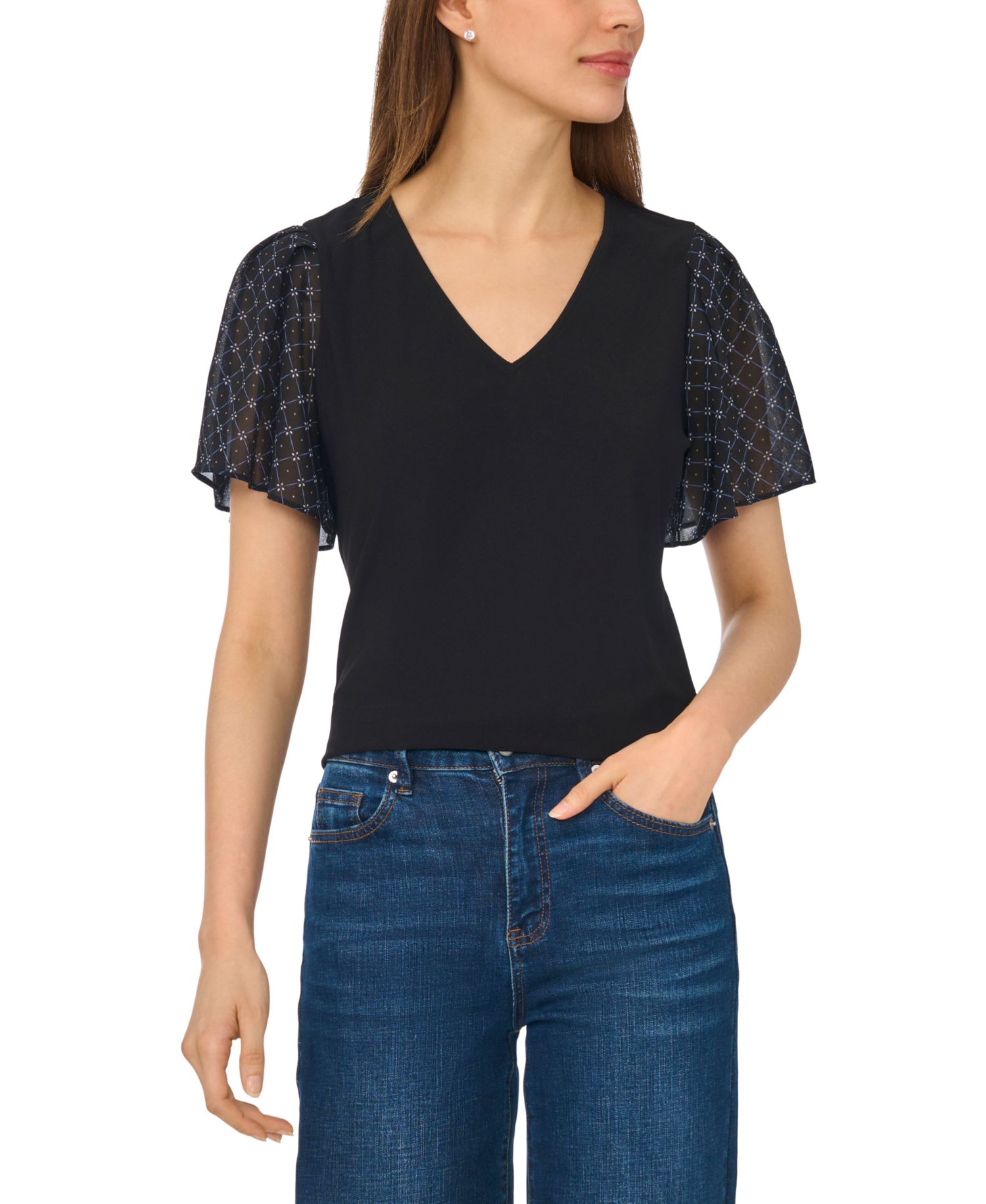 Women's V-Neck Flutter Short-Sleeve Chiffon Blouse