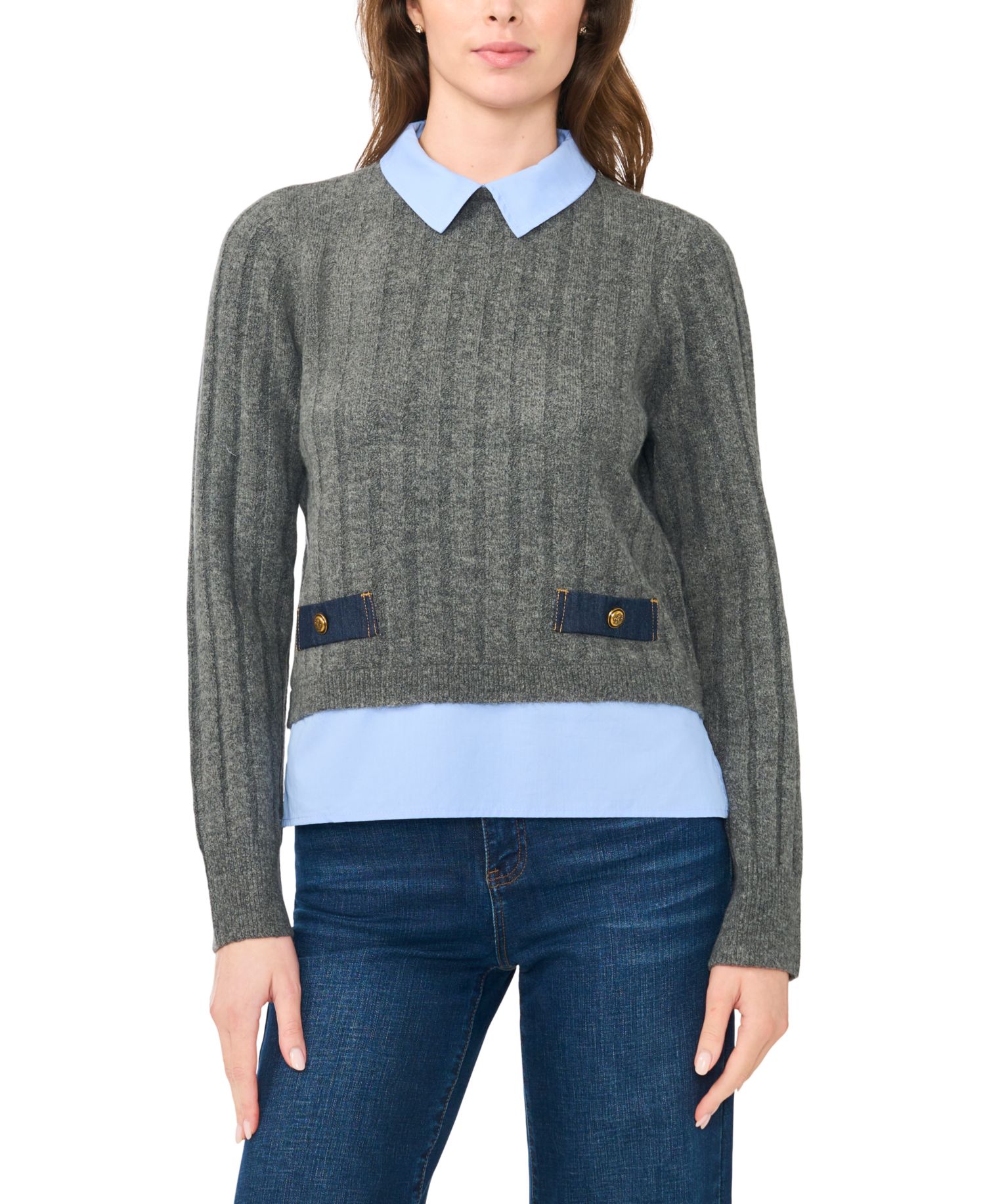 Women's Long-Sleeve Collared Twofer Sweater