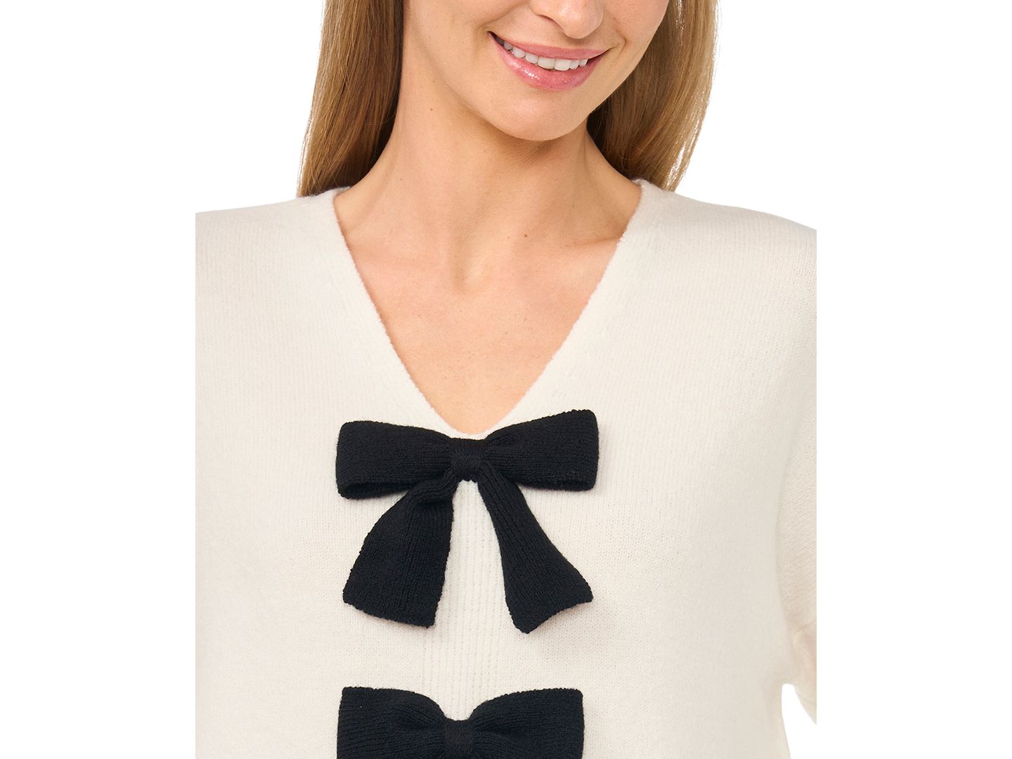 Женский свитер CeCe Contrast Bow Detail V-Neck Long Sleeve, цвет: Состаренный белый — фото 2